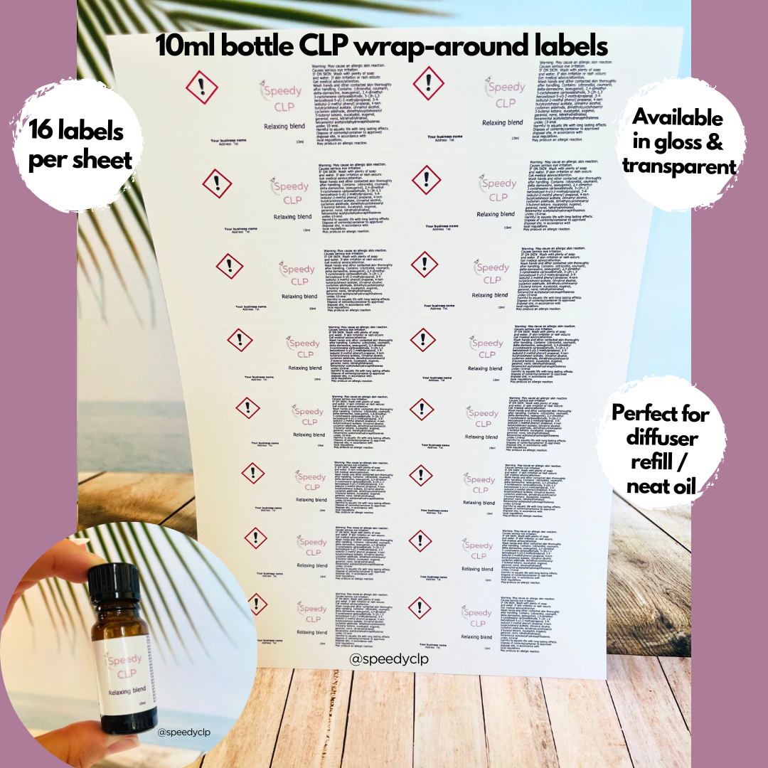 100% oil wraparound CLP labels for 10ml bottles
