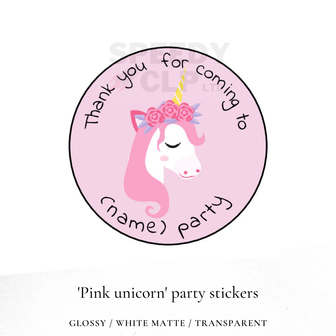 Pink unicorn birthday party stickers
