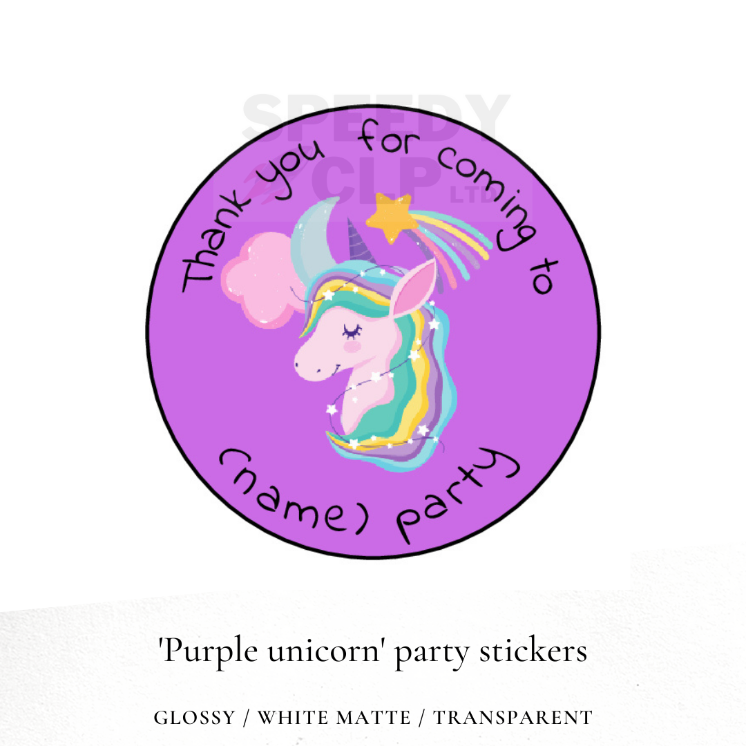Purple unicorn birthday party stickers