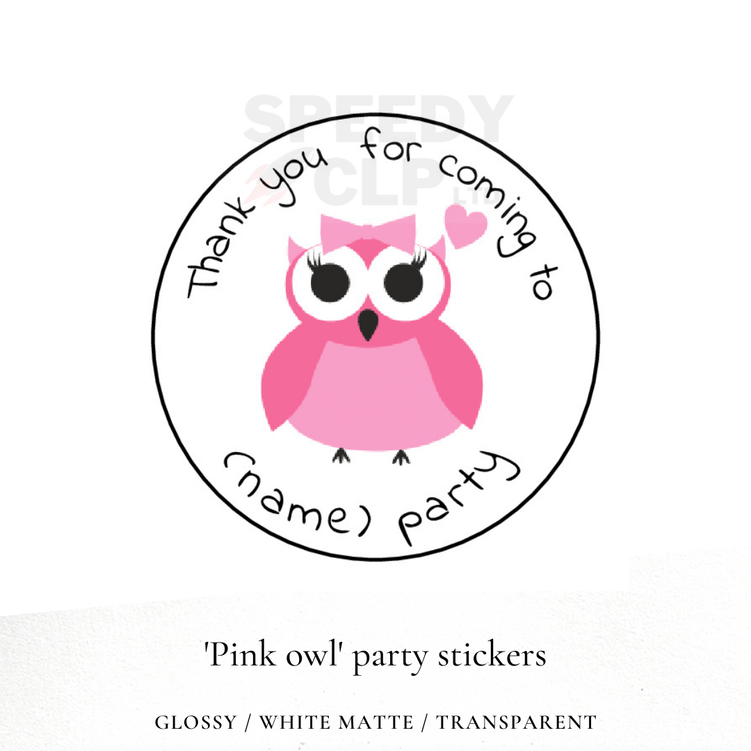 Pink Owl birthday party stickers
