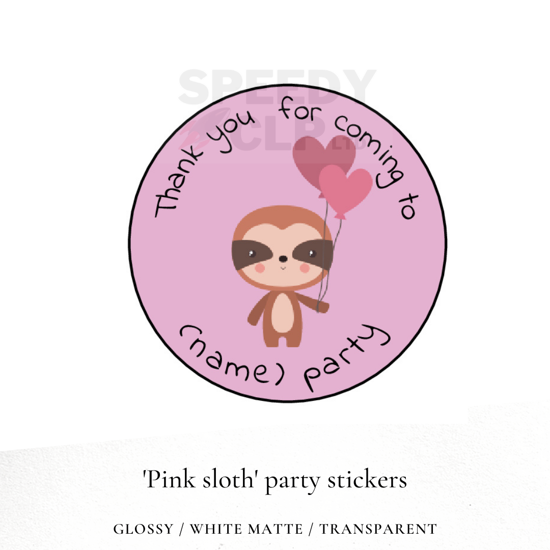 Pink sloth birthday party stickers
