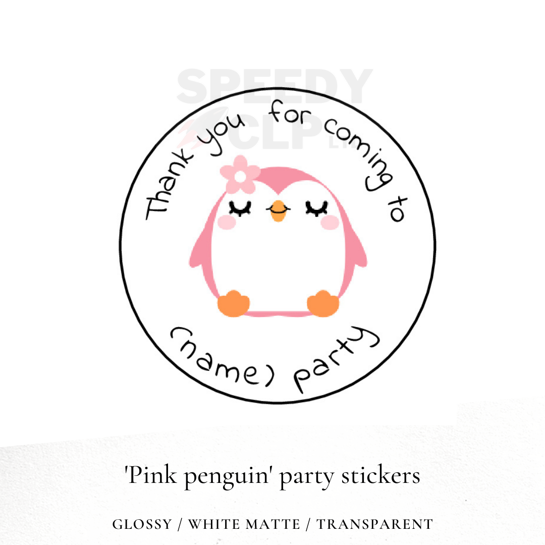 Pink penguin birthday party stickers