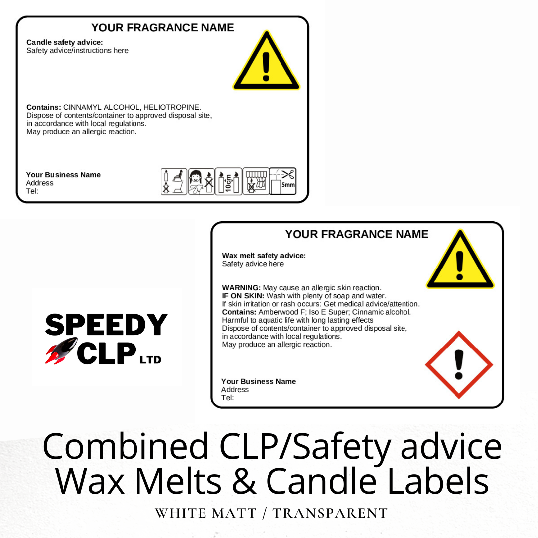 Transparent Wax Melt combined CLP/Safety advice labels – Speedy