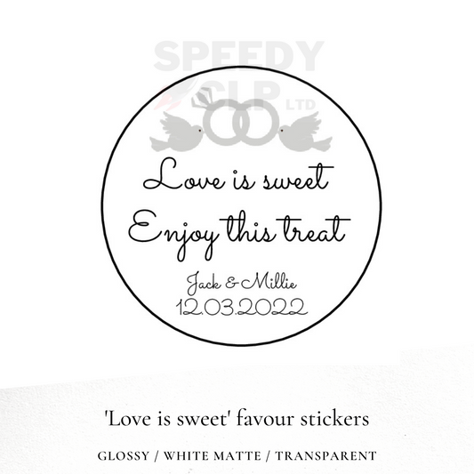 'Love is sweet' wedding day favour stickers