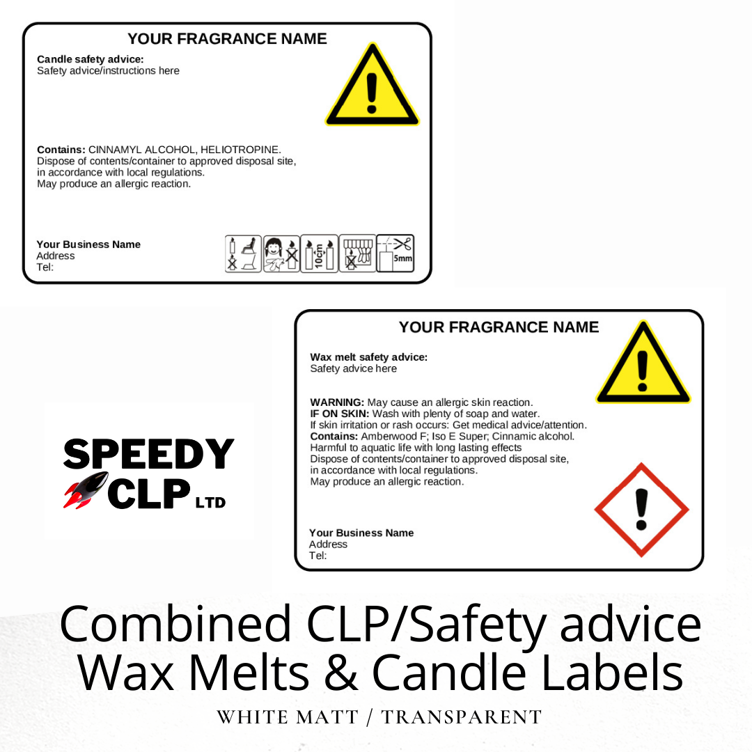 Transparent Wax Melt combined CLP/Safety advice labels – Speedy CLP Ltd