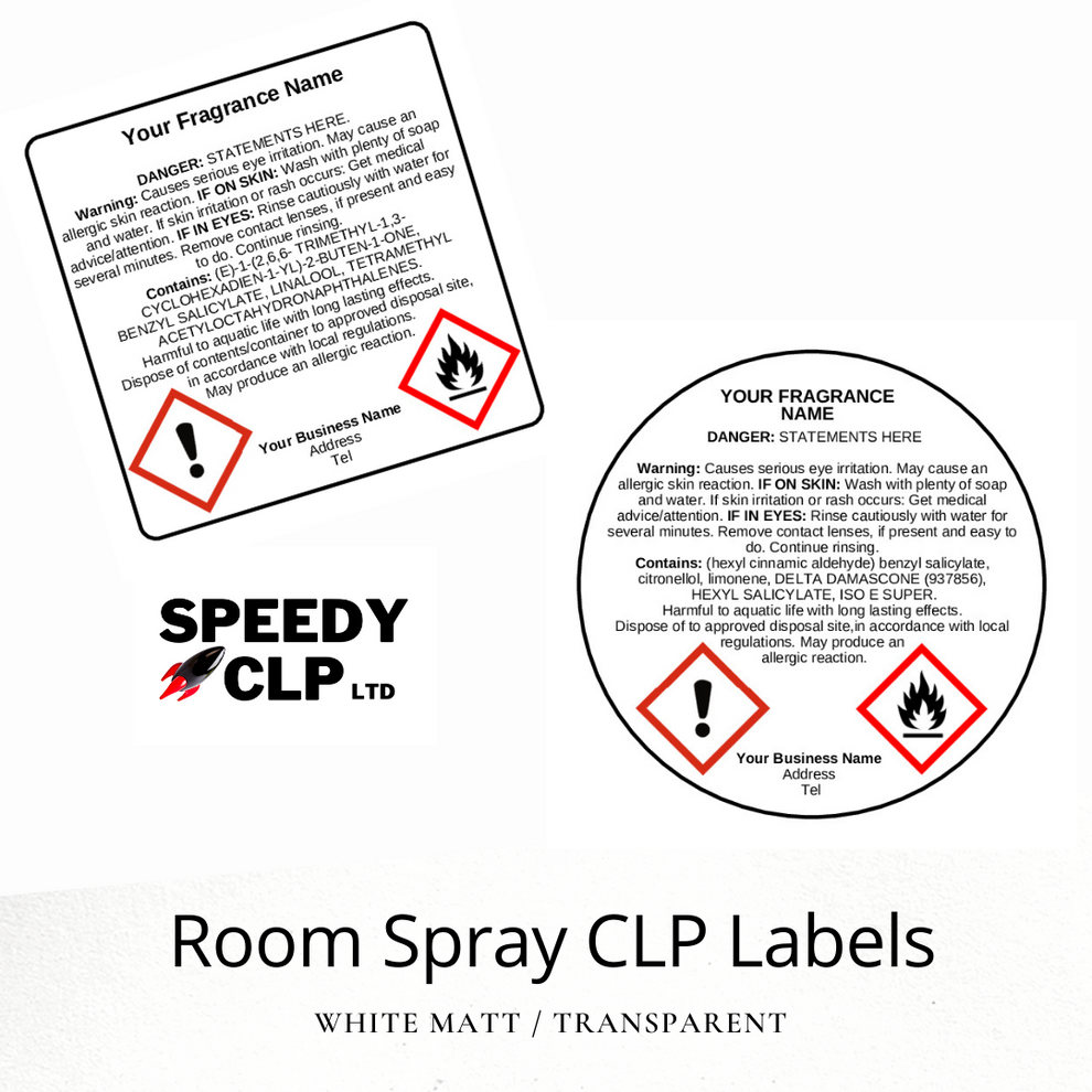 Transparent Room Spray CLP labels Non Hazardous base Speedy CLP Ltd